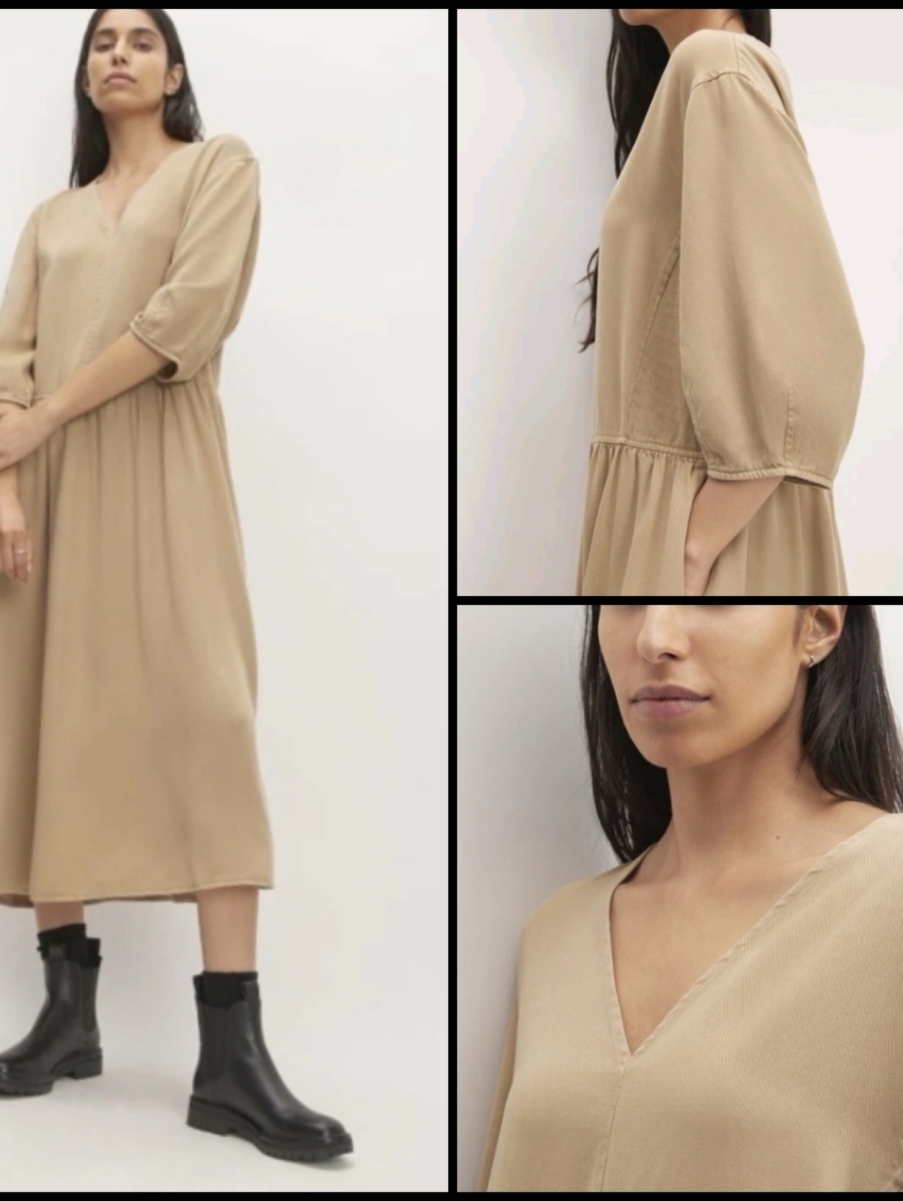 Everlane Tencel Puff Sleeve V Neck Midi With Pockets Tan Oversized Dress! L